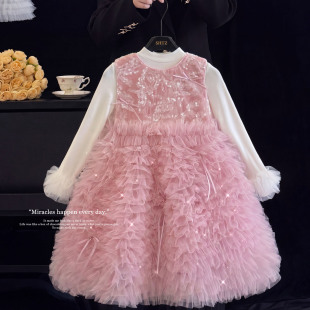 女童粉色公主裙秋冬季儿童重工亮片蓬蓬裙小女孩生日宴会礼服裙子