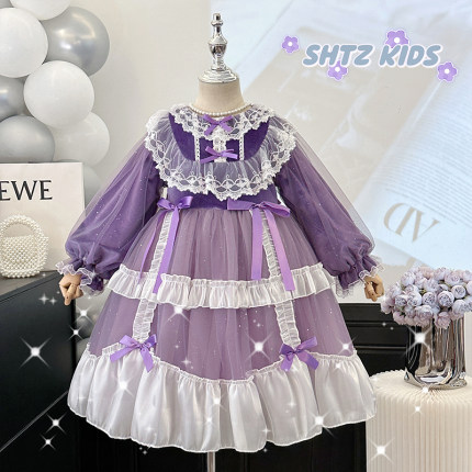 女童洛丽塔公主裙冬季儿童加绒甜美lolita紫色宝宝生日礼服连衣裙