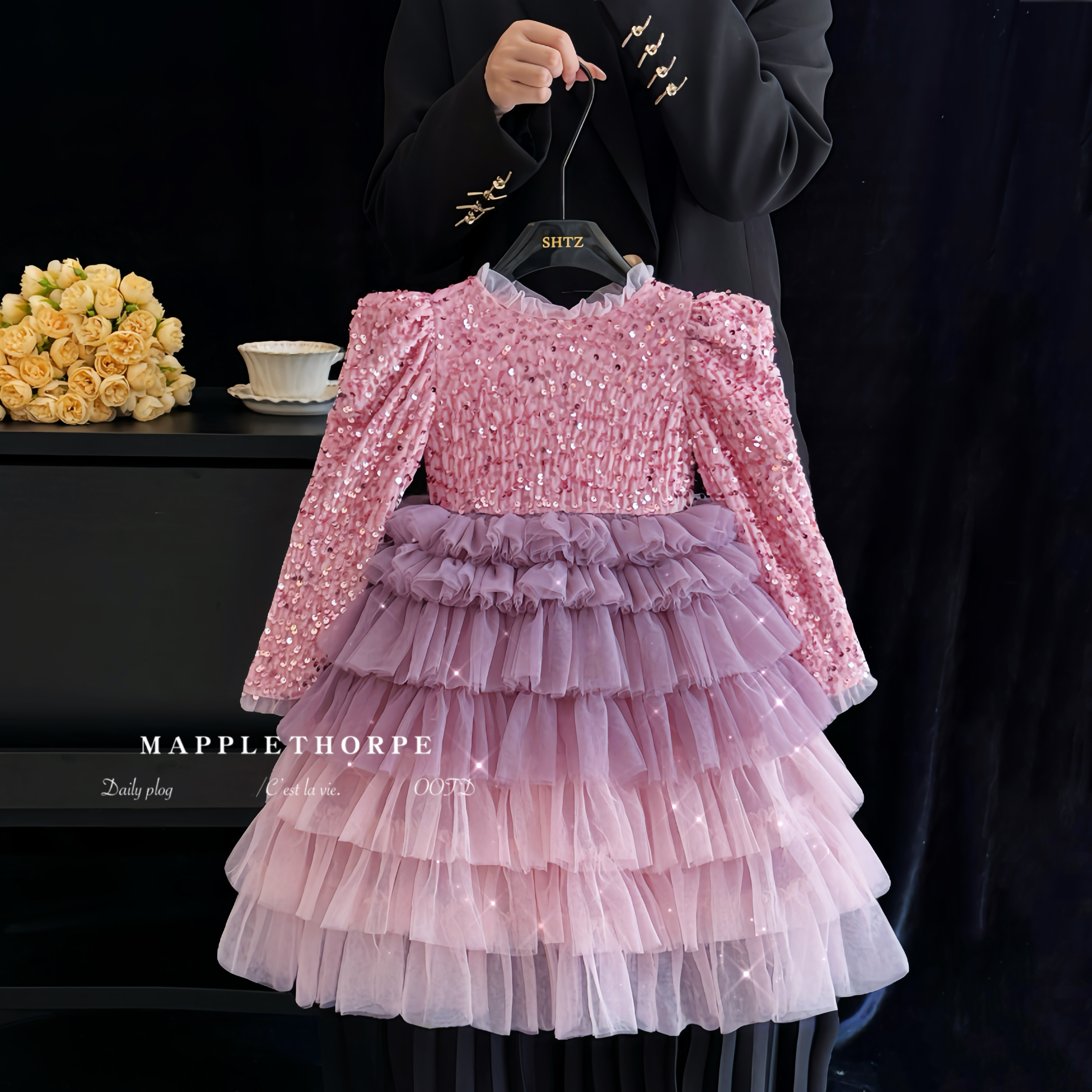 女童小香风公主裙时髦亮片网纱裙