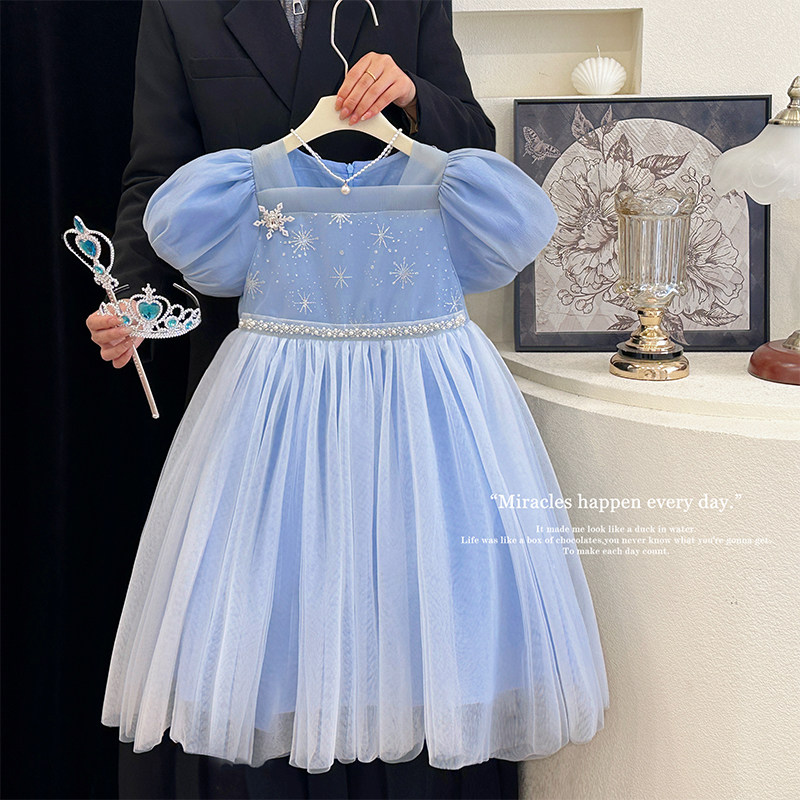 绝美女童爱莎公主裙子夏季2026新款洋气爱沙生日礼服裙发光连衣裙
