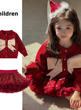 女童tutu裙套装秋冬款2025新款儿童过年拜年服洋气红色毛衣公主裙