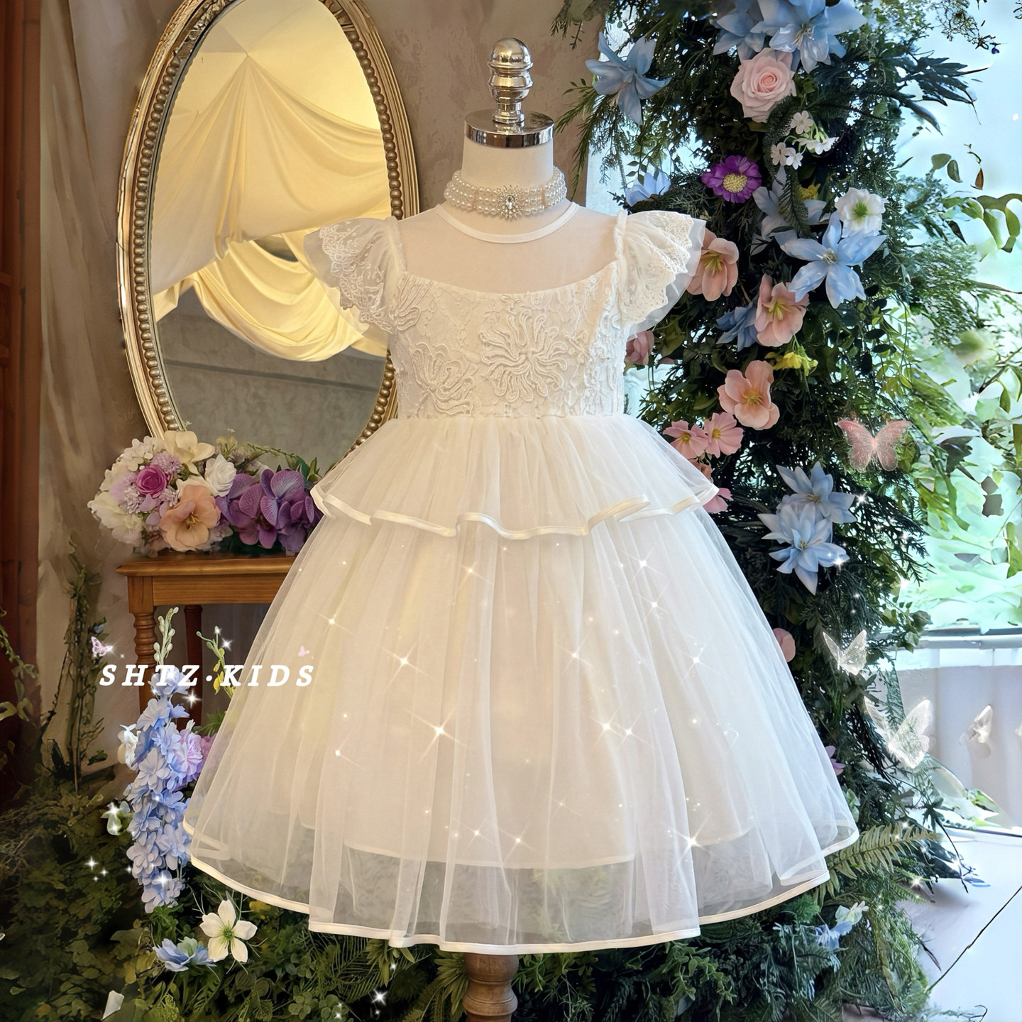 女童白色公主裙夏季儿童生日礼服蓬蓬裙小女孩高端演出花童婚纱裙