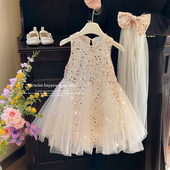 女童连衣裙夏款 洋气儿童亮片礼服背心裙小女孩时髦拼接无袖 公主裙