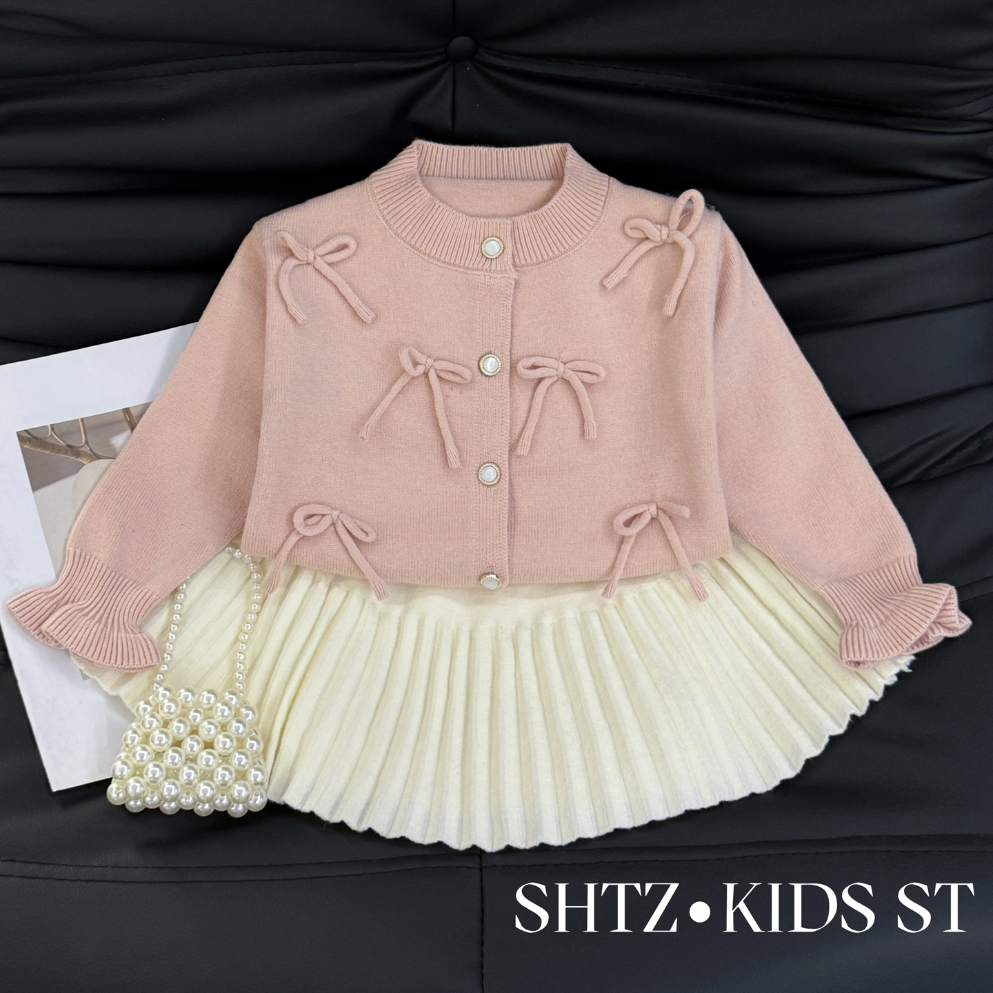 女童秋季时髦针织蝴蝶结两件套