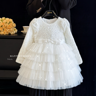 女童公主裙礼服秋冬款2025新款洋气小女孩花童裙子加绒白色连衣裙