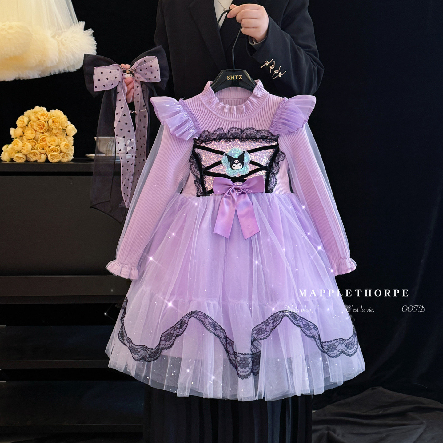 女童库洛米连衣裙冬装儿童紫色毛衣裙洋气蓬蓬裙加绒洛丽塔公主裙