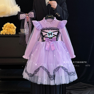 女童库洛米连衣裙冬装儿童紫色毛衣裙洋气蓬蓬裙加绒洛丽塔公主裙