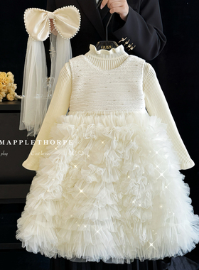 女童绝美连衣裙秋冬款儿童富家千金感公主裙洋气白色小香风礼服裙