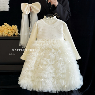 女童绝美连衣裙秋冬款 儿童富家千金感公主裙洋气白色小香风礼服裙
