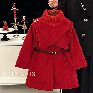 女童新年外套冬装2026新款儿童加厚洋气红色拜年服小香风呢子上衣