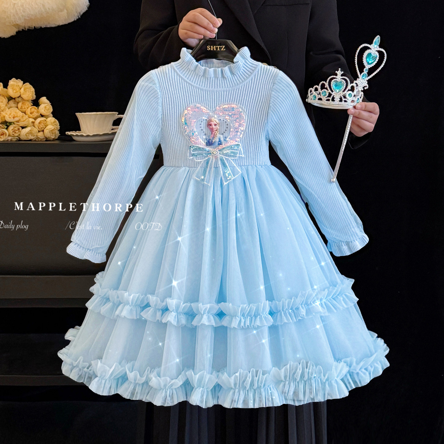 女童爱莎公主裙秋冬款冰雪奇缘艾莎毛衣裙儿童蓝色爱沙生日连衣裙