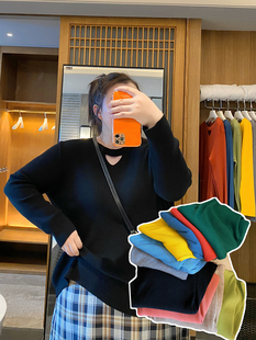 秋冬装新款大码女装胖mm打底衫心机上衣镂空针织衫显瘦内搭200斤