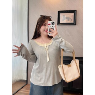 11410秋冬德绒假两件T恤胖mm蝴蝶结打底衫 女装 上衣潮 花契大码