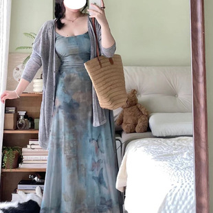 特大码油画性感吊带长裙女夏季巨显瘦套装胖mm连衣裙吊带裙两件套