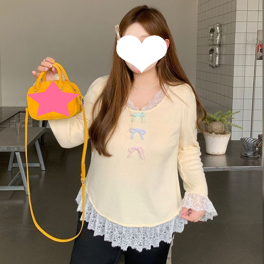 200斤大码长袖T恤打底女装定制蕾丝拼接针织德绒秋冬新款黄色上衣