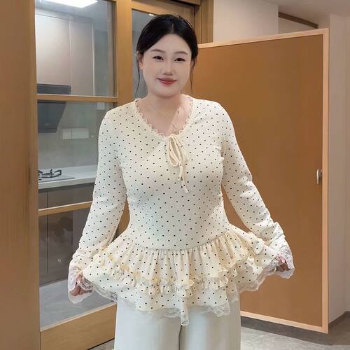 200斤大码德绒甜美蕾丝拼接波点长袖T恤打底衫女秋冬显瘦上衣胖mm