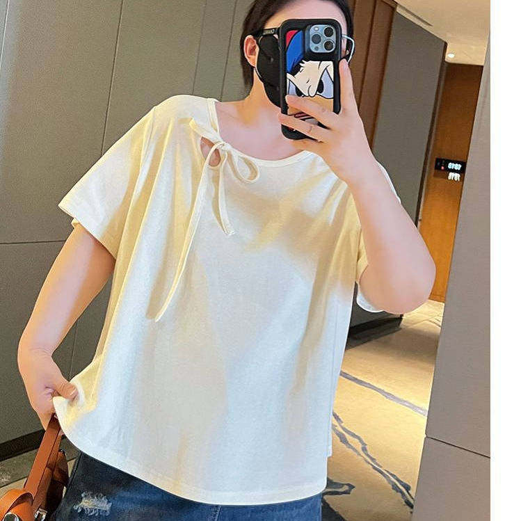 3000斤大码百分百女装夏季胖mm短款t恤女蝴蝶结短袖上衣通勤百搭