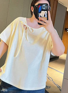 3000斤大码百分百女装夏季胖mm短款t恤女蝴蝶结短袖上衣通勤百搭