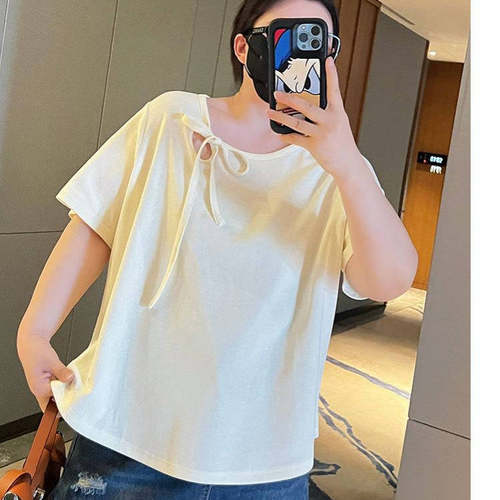 3000斤大码百分百女装夏季胖mm短款t恤女蝴蝶结短袖上衣通勤百搭