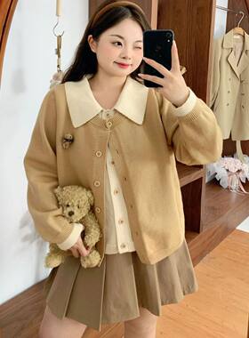辣条大码女装甜美软糯别针小熊针织假两件韩系氛围感早秋胖mm开衫