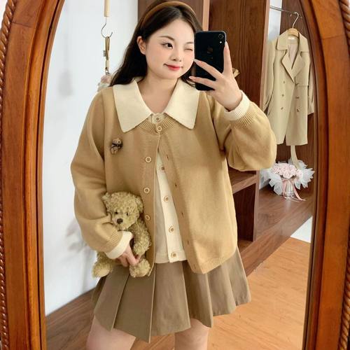 辣条大码女装甜美软糯别针小熊针织假两件韩系氛围感早秋胖mm开衫