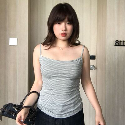 Vegetable Orbs大码女装韩系条纹修身显瘦吊带背心内搭胖MM打底衫