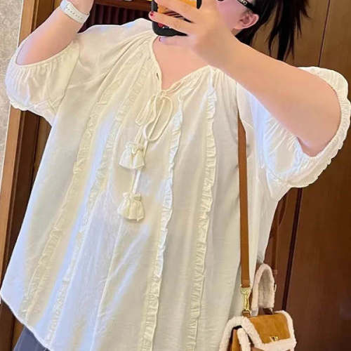 300斤胖mm甜美森系V领中袖娃娃衫大码女装春夏新款灯笼袖宽松衬衫