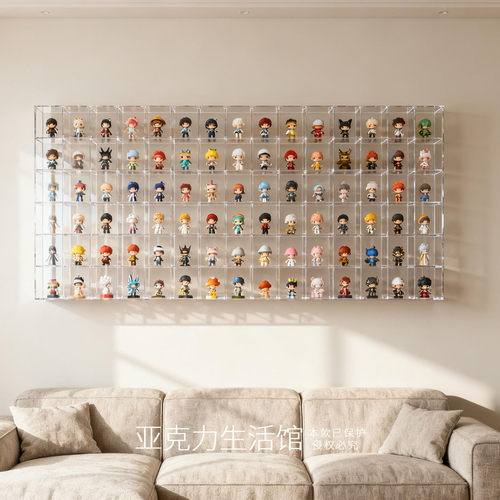 手办盲盒萌粒布鲁可高达玛特拉布布墙上悬空发光定制透明亚克力柜