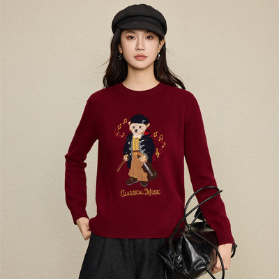 秋冬全羊毛小熊刺绣套头毛衣女