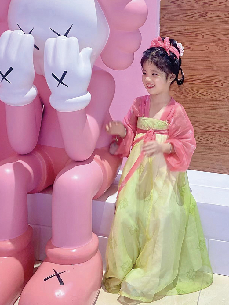 团购桃红柳绿 女童复原风间色一片式8破裙大裙摆传统唐制汉服摄影