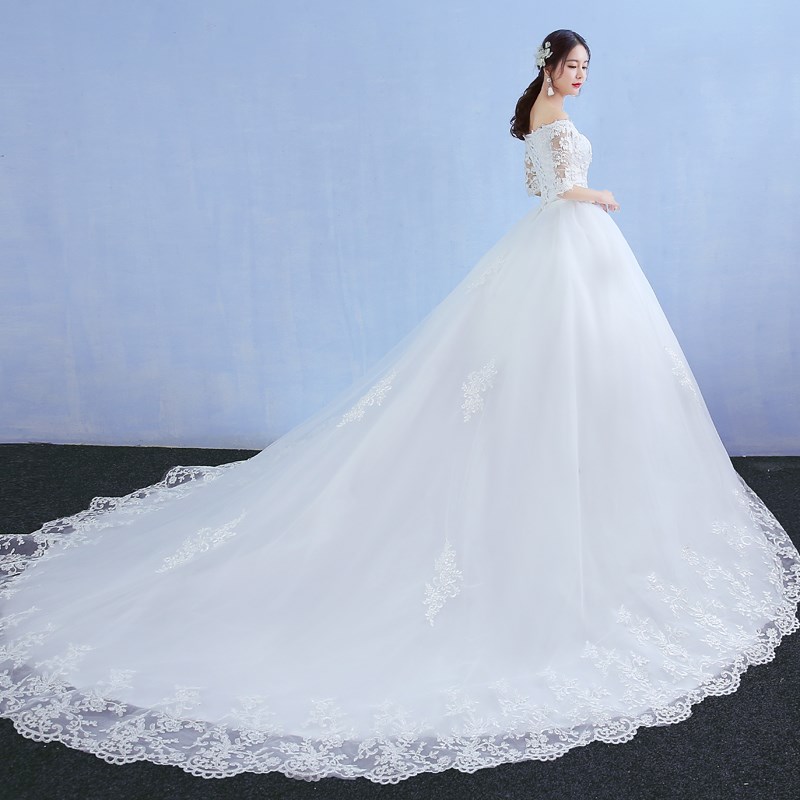 婚纱礼服2018新款新娘一字肩韩式显瘦长袖齐地大码孕妇长拖尾春季|msdalam kategori Butik wanita / wanita, perkahwinan/Cheongsam/pakaian, perkahwinan - dari Buy2taobao.com untuk memberikan perkhidmatan ejen Taobao profesional membeli