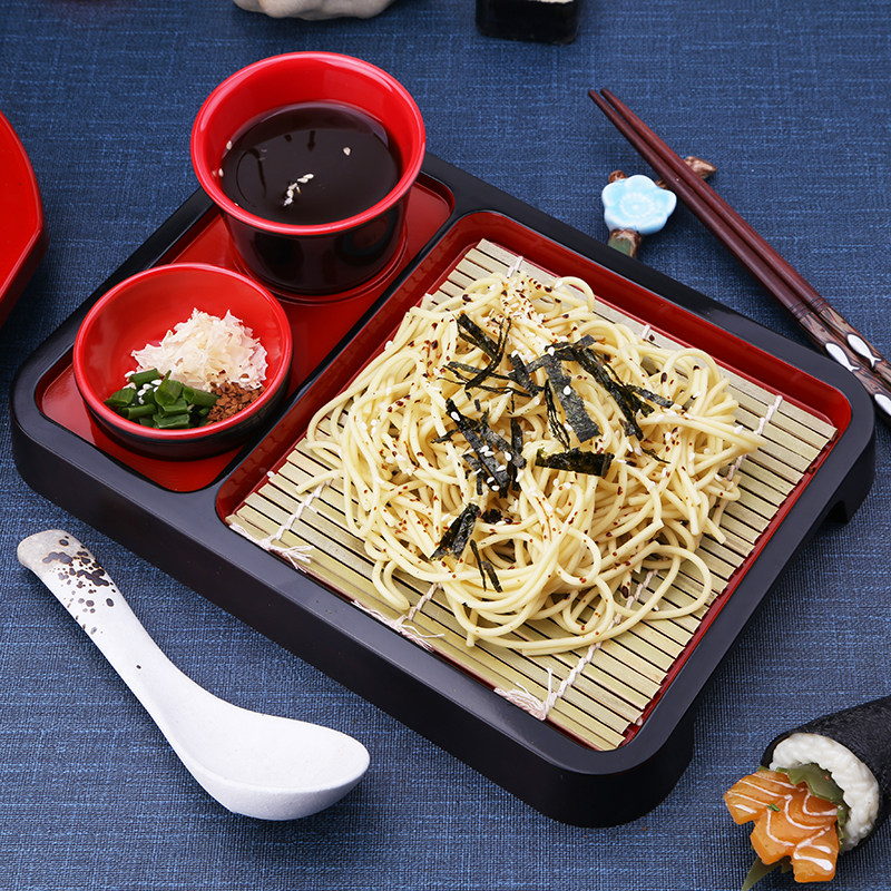 日式凉面盘寿司店荞麦面乌冬面盘子配竹席味碟杯子长方料理冷面盘