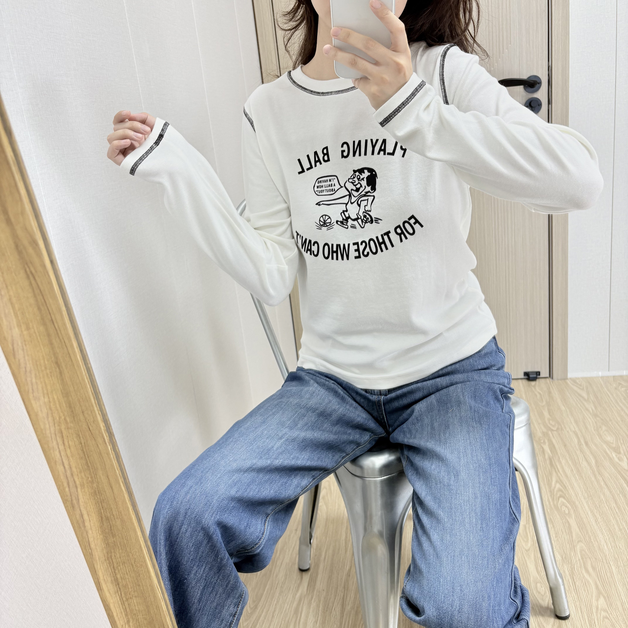 拼色卡通小人长袖T恤女