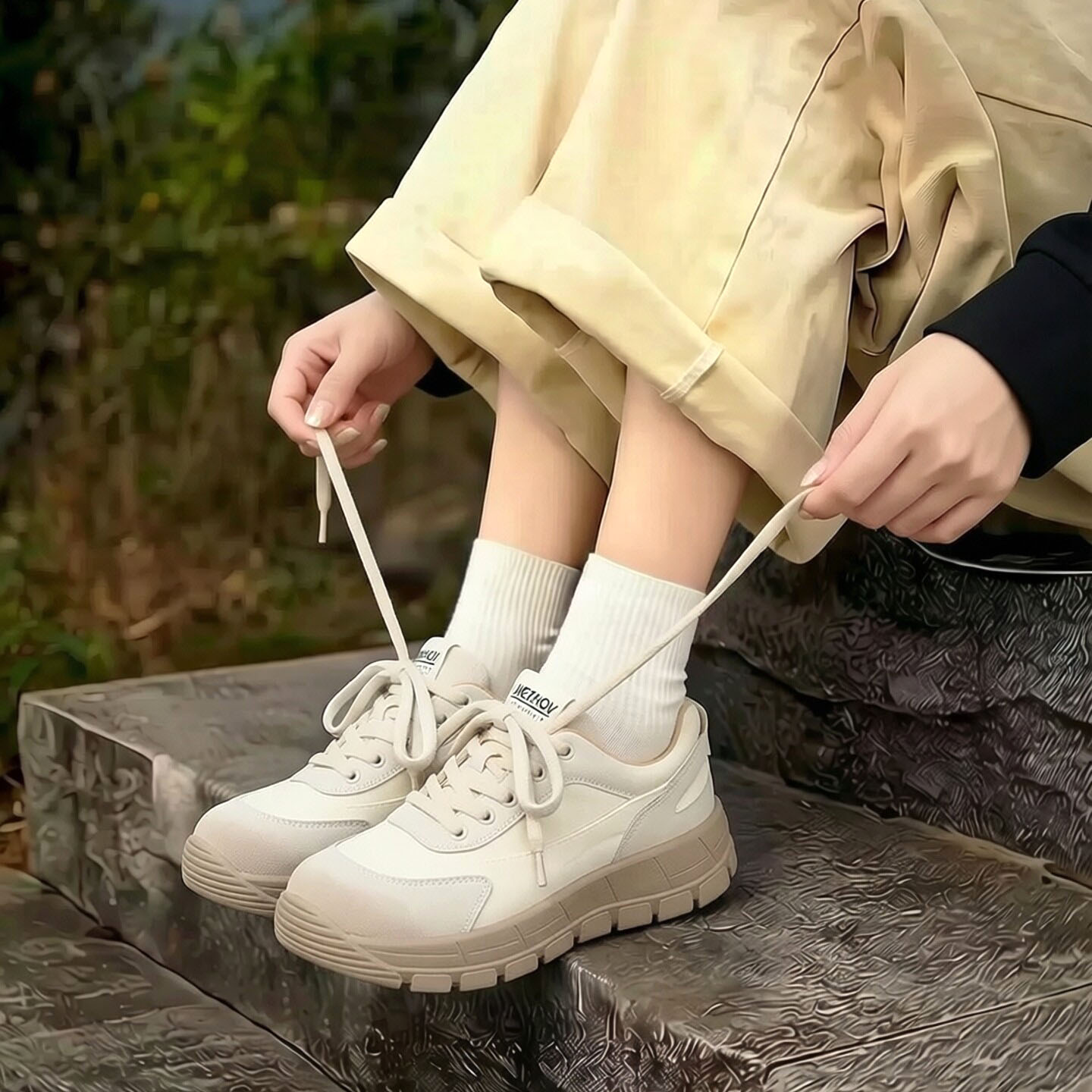头层牛皮时尚休闲鞋女士秋冬舒适轻质百搭厚底运动单鞋旅游慢跑鞋