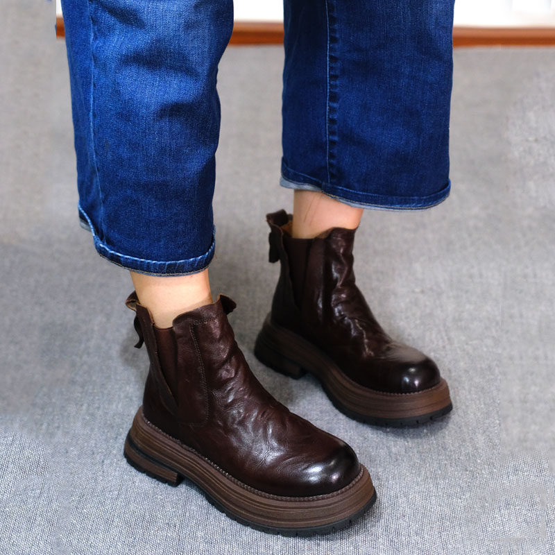 小婉高端品质手抓纹头层牛皮短靴女秋冬休闲复古厚底中跟切尔西靴,女鞋,切尔西靴,淘宝优惠券,粉丝福利购,淘宝优惠卷