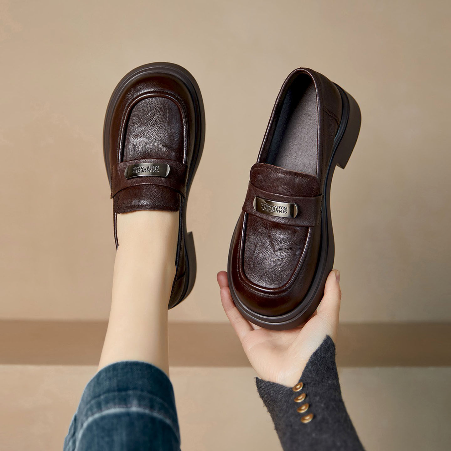 高端原创手工头层牛皮乐福鞋女2026春季新款时尚复古气质中跟皮鞋,女鞋,乐福鞋（豆豆鞋）,淘宝优惠券,粉丝福利购,淘宝优惠卷