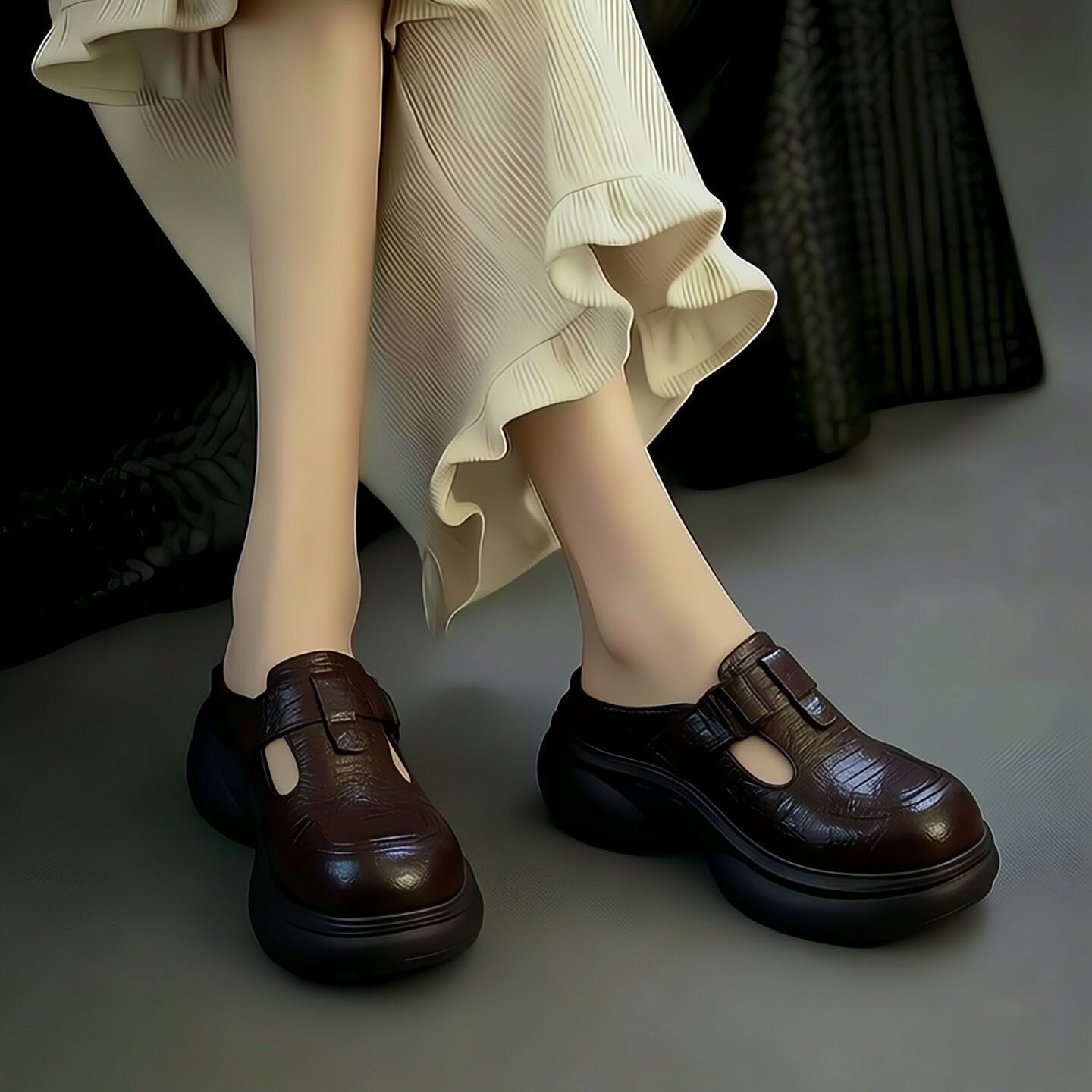 头层牛皮包头拖鞋女夏季时尚外穿皮带扣魔术贴增高厚底复古休闲鞋