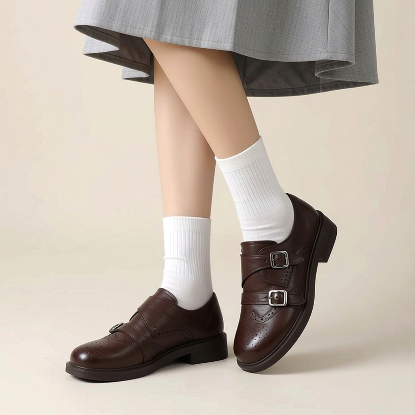 轻奢头层牛皮单鞋女2026新款英伦风皮带扣布洛克中跟乐福鞋小皮鞋,女鞋,乐福鞋（豆豆鞋）,淘宝优惠券,粉丝福利购,淘宝优惠卷