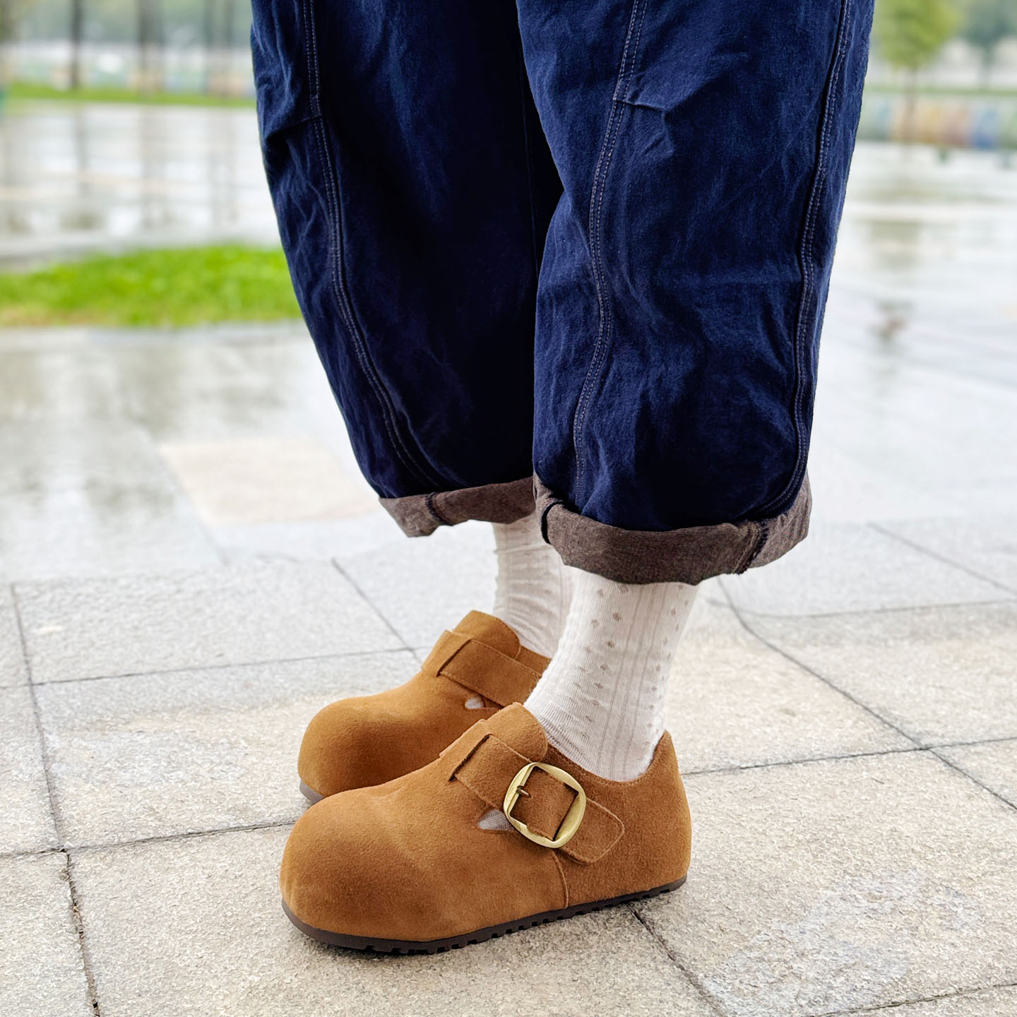 原创手工真皮丑萌圆头中跟勃肯鞋