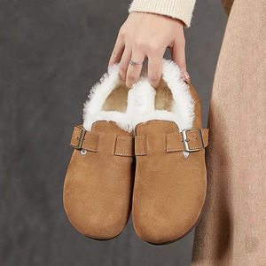 真皮冬季豆豆鞋女加绒保暖舒适软底防滑休闲复古平底毛毛勃肯鞋