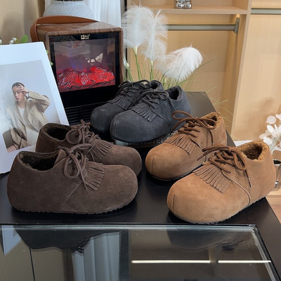 加厚保暖加绒勃肯鞋女鞋灰色厚底