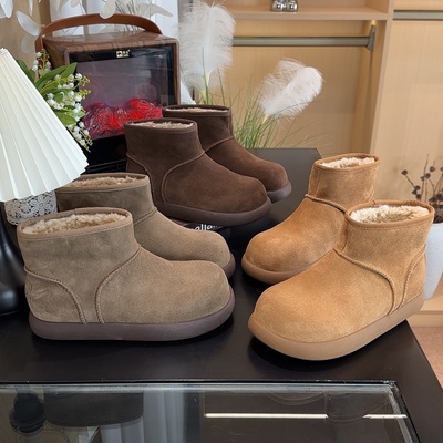 复古百搭真皮软底雪地靴加绒短靴