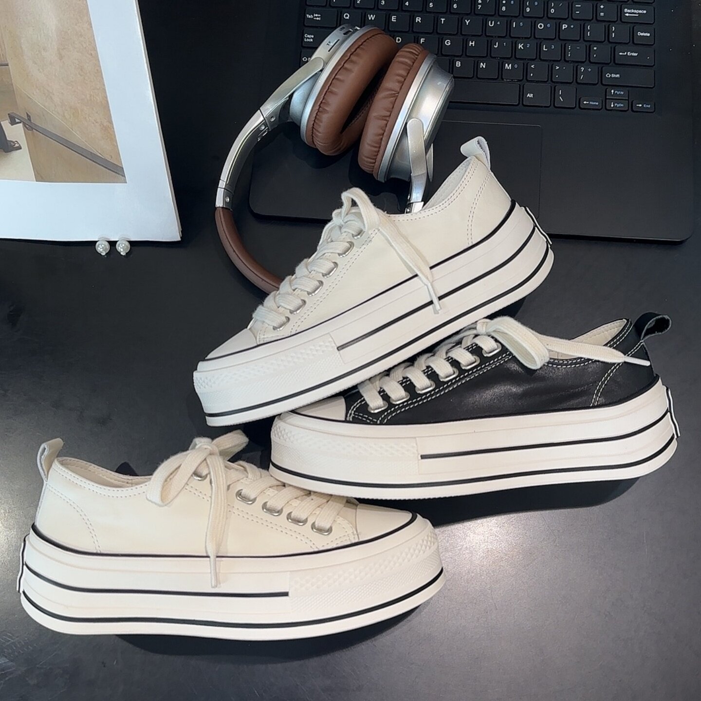 头层牛皮学院风真皮厚底板鞋女鞋2026新款时尚百搭休闲运动小白鞋