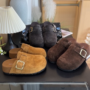 懒人包头拖博肯鞋 头层牛绒皮5CM增高勃肯鞋 女厚底勃肯拖2025新款