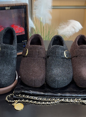内增高厚底毛呢勃肯鞋女鞋加绒加厚2025冬季新款灰色毛绒勃肯棉鞋
