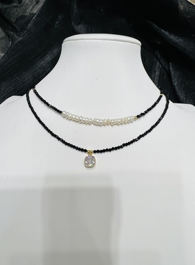 黑色系珍珠水晶项链两件套韩国小众百搭颈链锁骨链简约冷淡风项饰