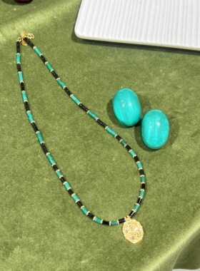 法式小众天然石绿色拼接黑曜石串珠项链老钱风复古时尚精致锁骨链