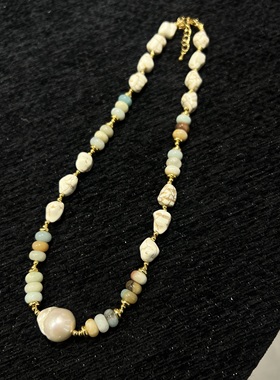 法式复古高级感天然石串珠淡水珍珠项链轻奢琉璃珠个性百搭锁骨链