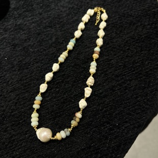 法式复古高级感天然石串珠淡水珍珠项链轻奢琉璃珠个性百搭锁骨链