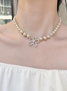 法式复古轻奢小众水钻花朵珍珠锁骨链时尚洋气网红超仙精致项链潮